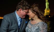 wedding in New York City: couple in front of Lady Liberty